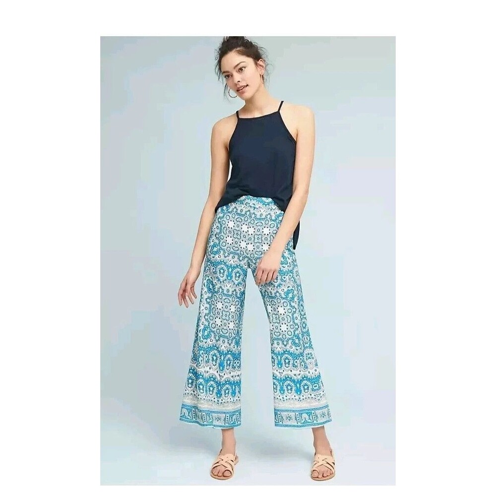 Anthropologie Feather Bone Talese Wide Leg Crop Pants Blue Paisley Print Size 0